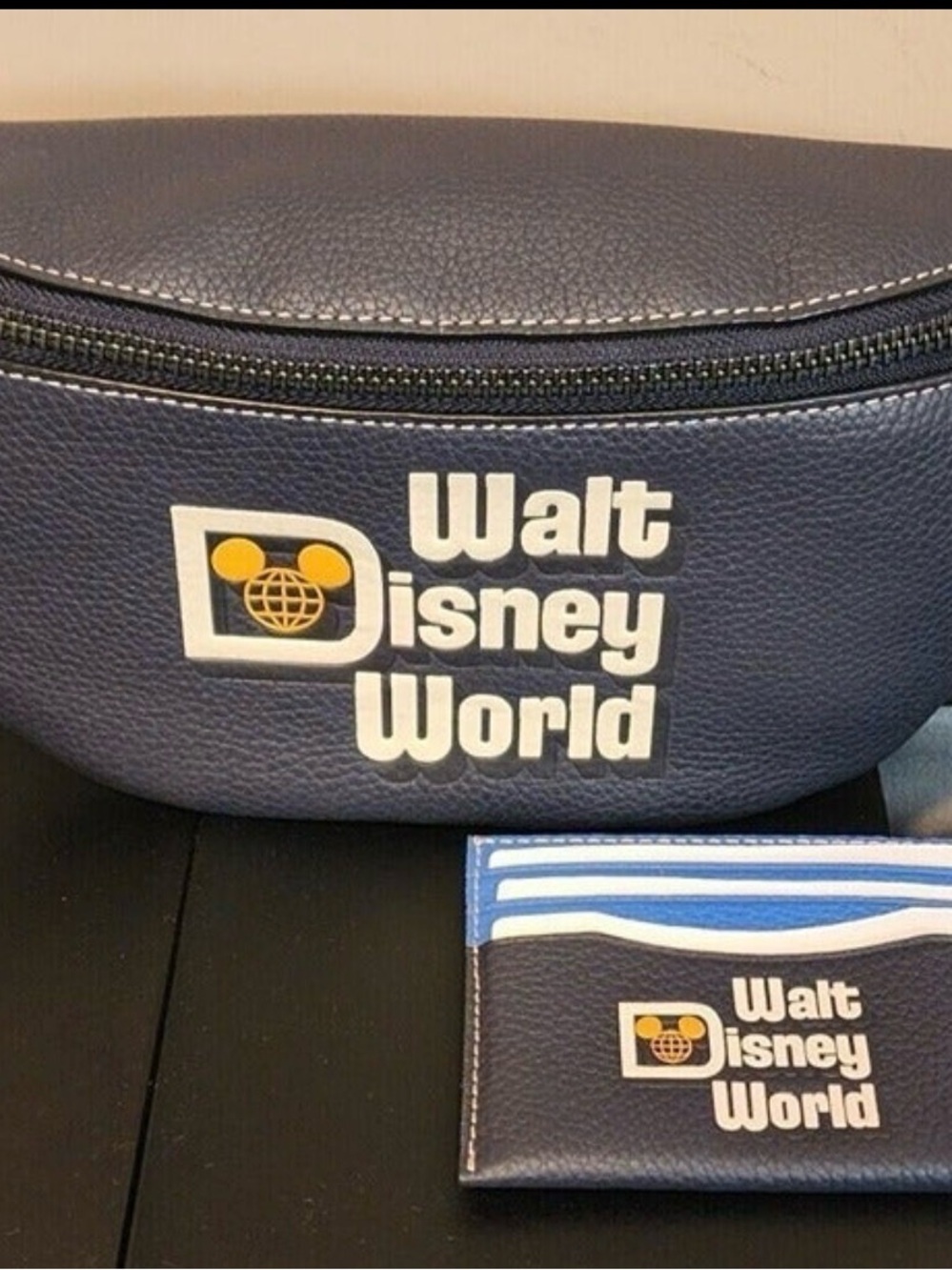 New Coach Navy Leather Belt Bag and cardholder with Walt Disney World Logo